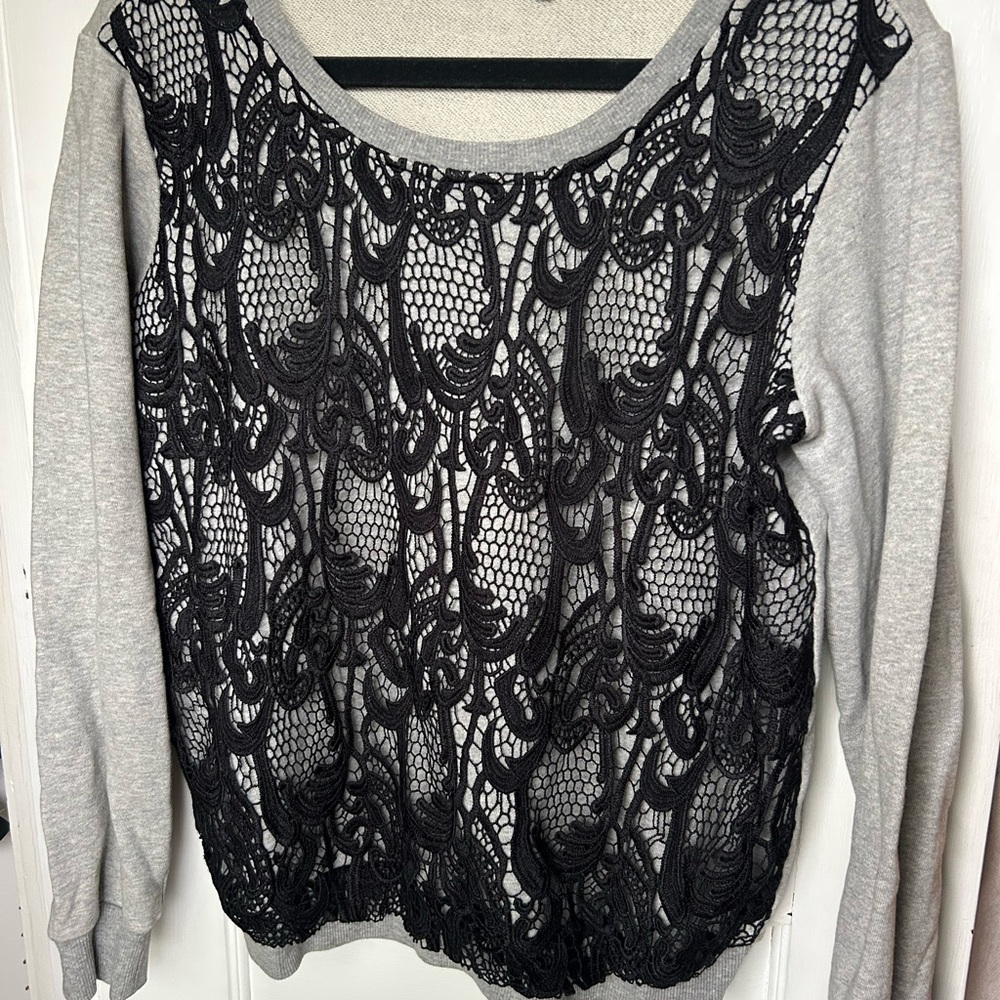 Gray and Black Lace Overlay Sweater